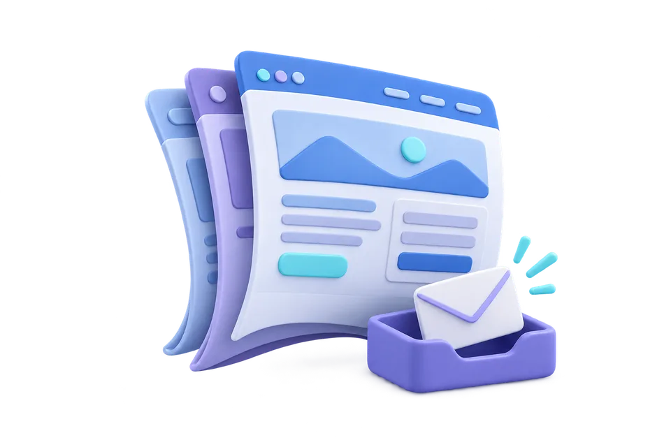 Concept illustration of website pages directing an inquiry to an inbox